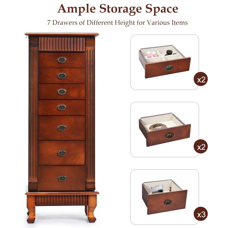 Brown 7 Drawers Wooden Jewelry Storage Cabinet with 1 Top Flip Mirror and 4 Compartments - 15"(L) x 9"(W) x 38.5"(H)