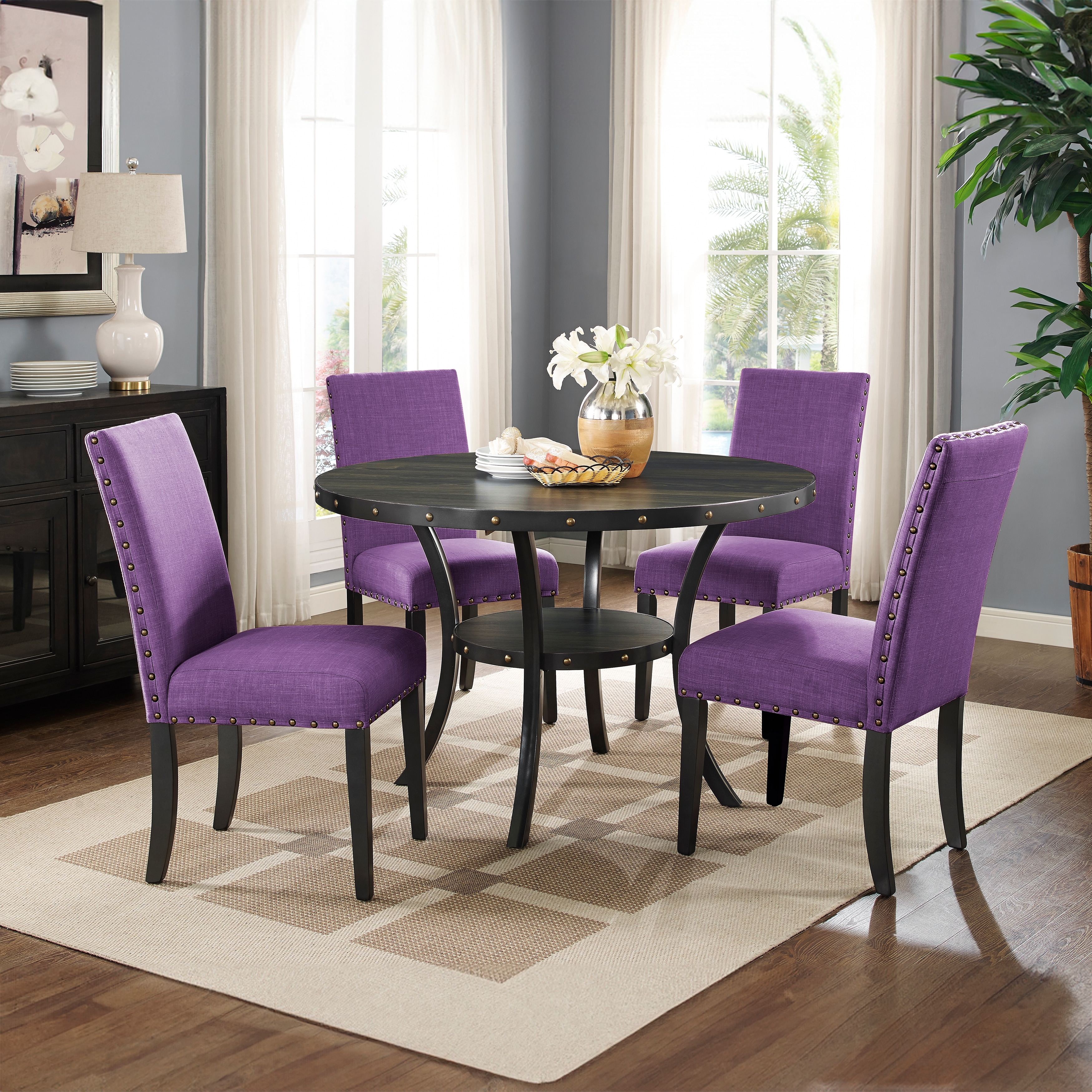 Wood Dining Set with 4 Upholstered Chairs & Round Table