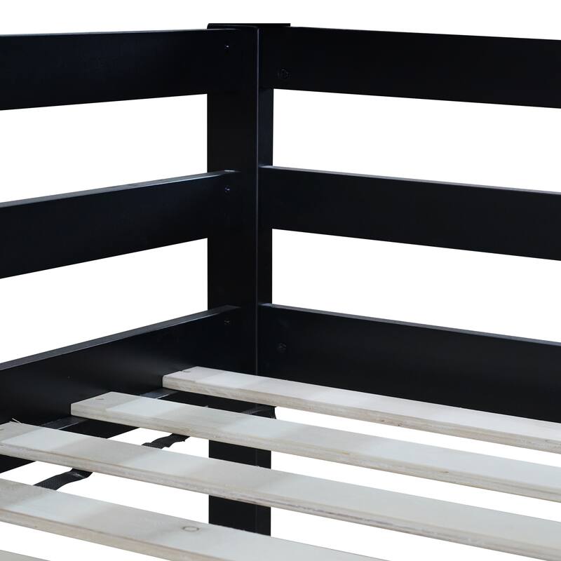 Twin over Twin Rubber Wood Floor Bunk Bed, with ladder,Guardrails,House-Shaped-Bunk Bed