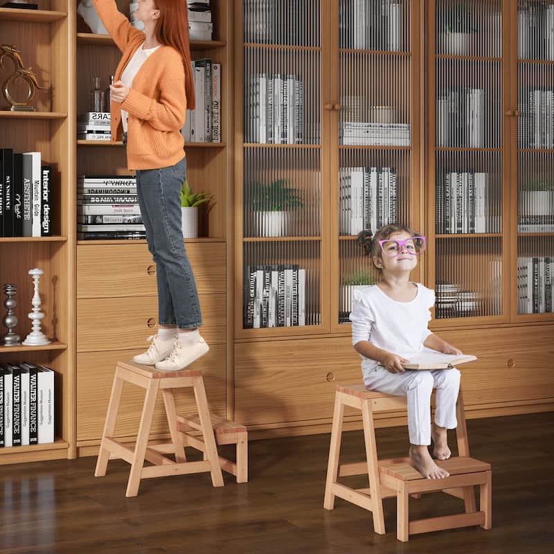 Space-Saving Solid Fir Wood 2-Tier Folding Step Stool Ladder for High Shelves and Plant Display