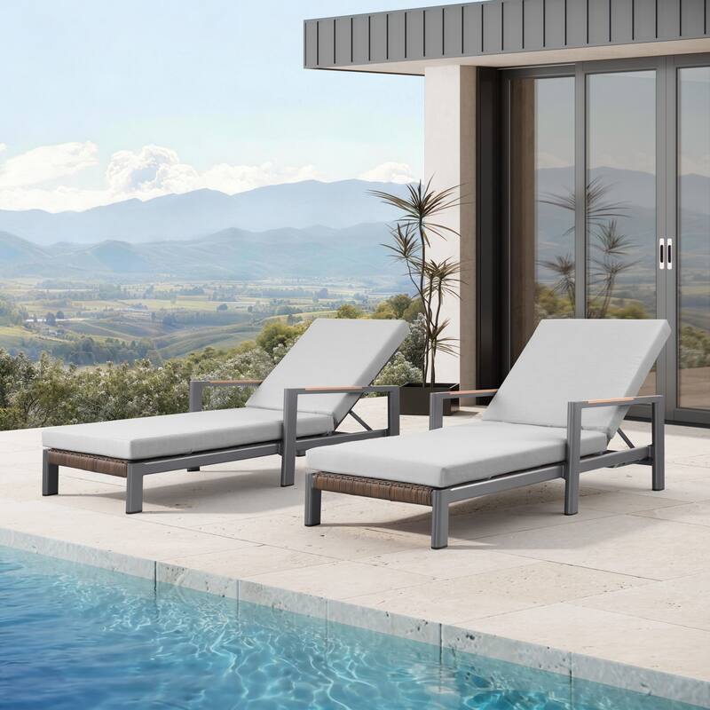 Arlo Teak & Wicker Aluminum Dual-Use Outdoor Chaise Lounge (Set of 2) - Grey-Light Grey
