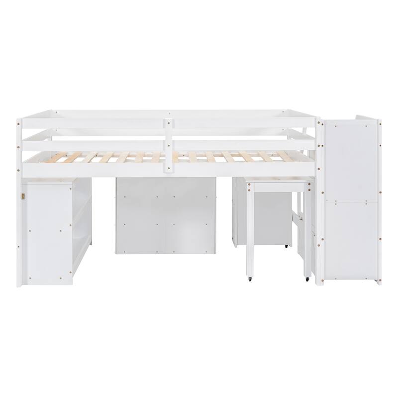 Pine Wood Low Loft Bed with Storage Stairs, Shelves, Retractable Writing Desk, 3 Drawers, Wooden Lofbed Frame for Kids Bedroom