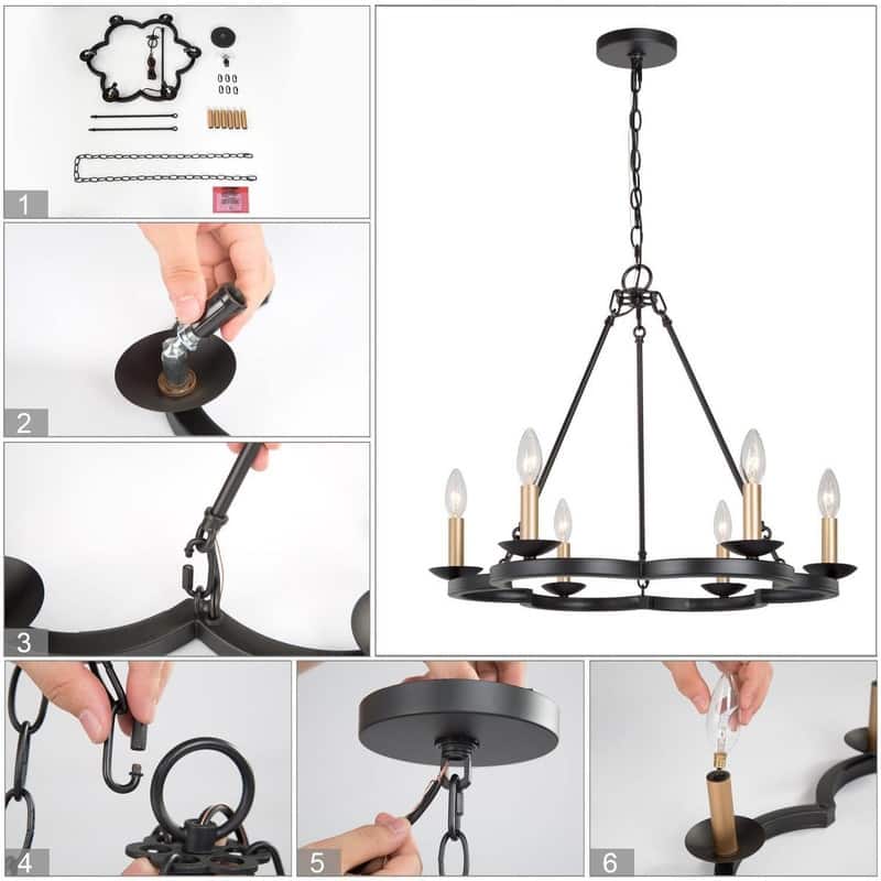 Modern Farmhouse Wagon Wheel Chandelier Black 6-light Candle Ceiling Lights for Kitchen
