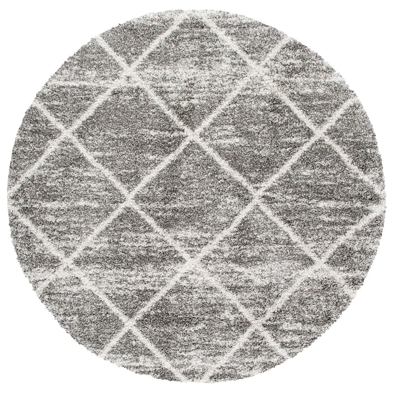 SAFAVIEH Hudson Shag Estella Diamond Trellis 2-inch Thick Rug - 7' x 7' Round - Distressed Grey/Ivory