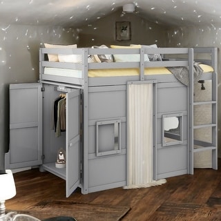 Simple & Modern Wood Twin Size Loft Bed with Built-in Storage Wardrobe and 2 Windows, Playful Space, Sturdy Construction, Gray