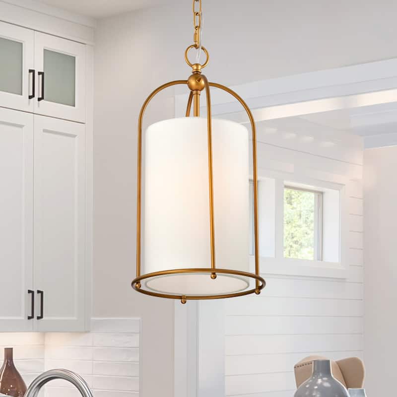 Antique Brass Finish 1-Light 10 in. Cage Pendant with White Fabric Shade