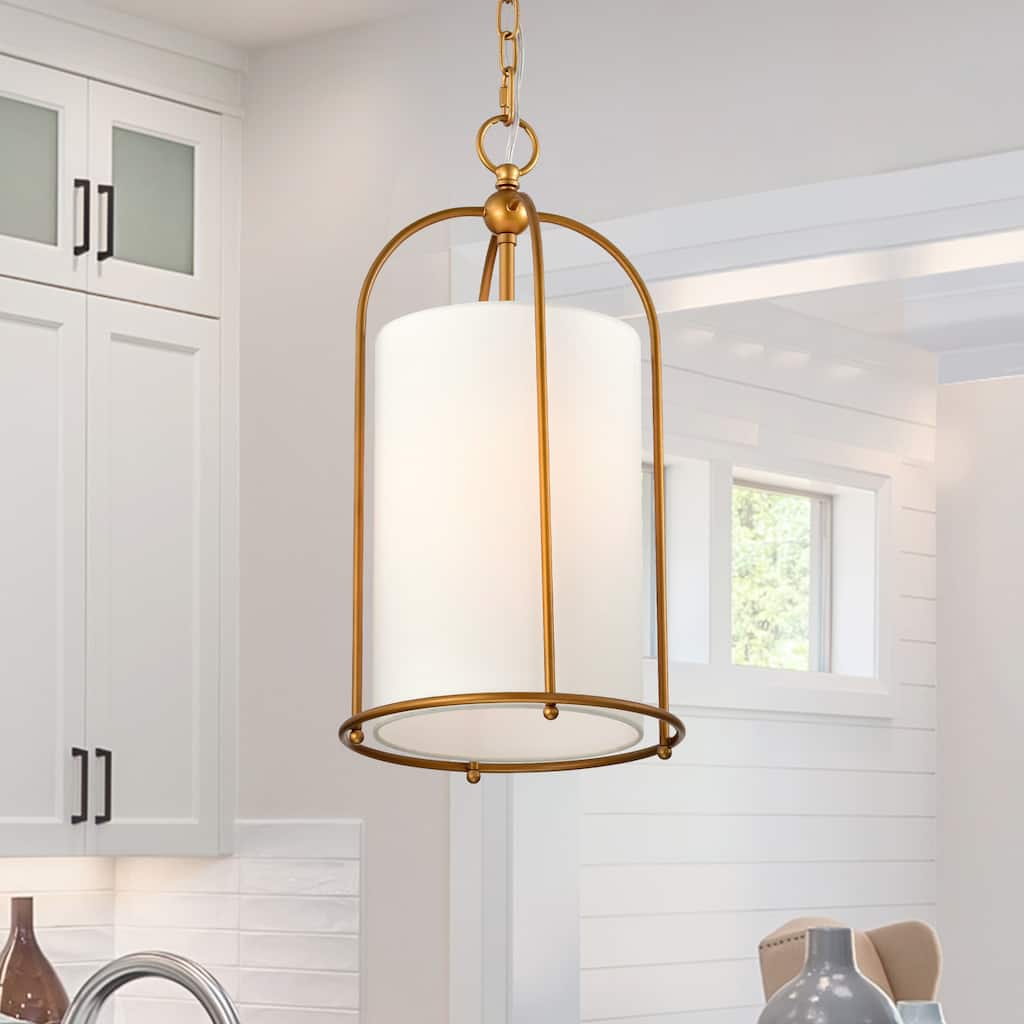Antique Brass Finish 1-Light 10 in. Cage Pendant with White Fabric Shade