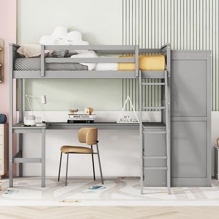 Twin/Full Size Loft Bed with Desk(U-Shaped) & Storage Shelves & Wardrobe for Kids/Teen/Adults, Wood Bedframe w/Safety Guardrails