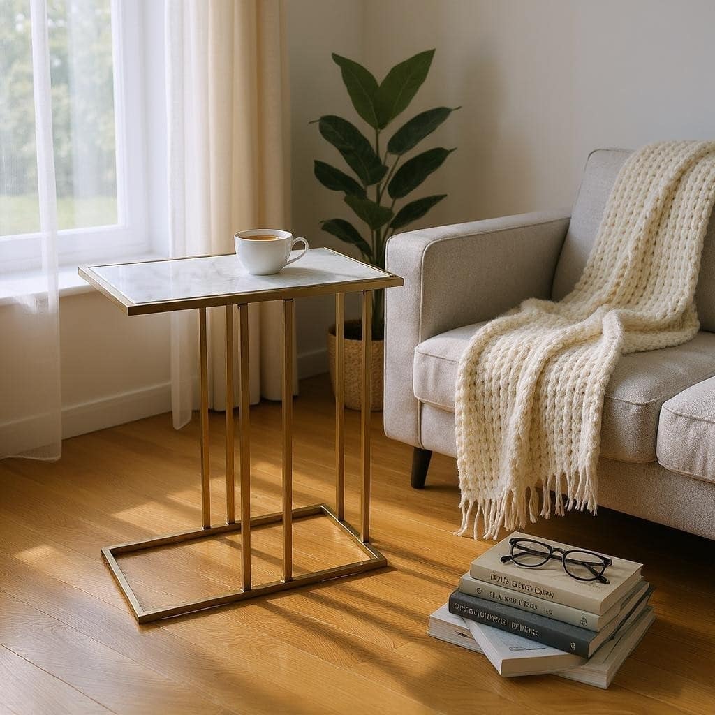HomeRoots 26" White and Antiqued Gold Marble and Iron Frame End Table - 12.75 in. x 26 in. x 23.5 in.