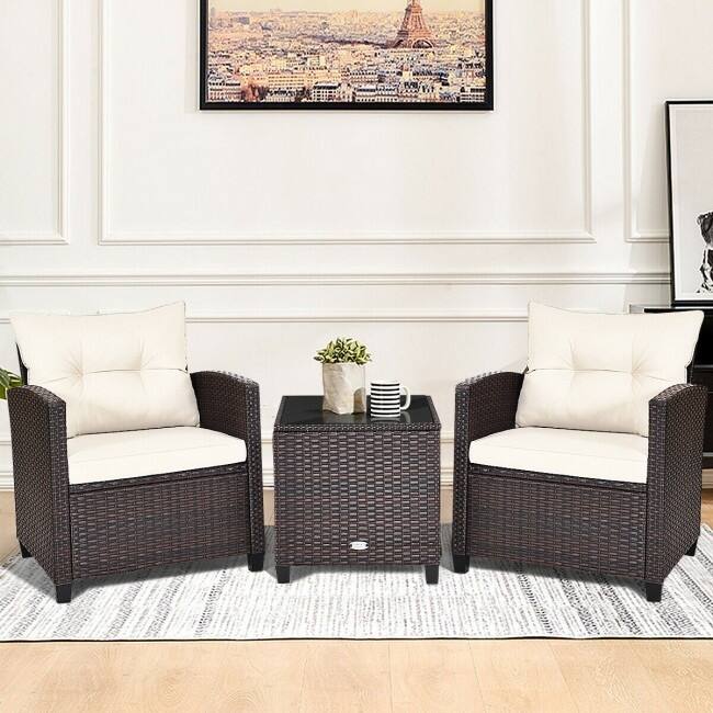 3 Pieces Rattan Patio Furniture Set with Washable Cushion - Chair: 26.5" x 26.5" x 30"