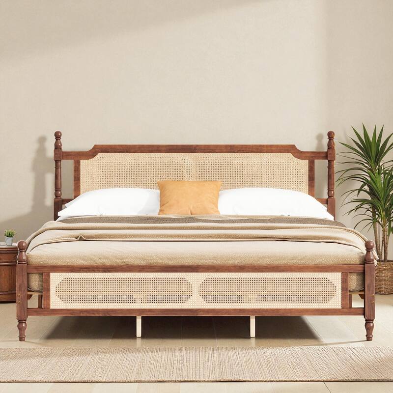 Queen/King Size Pine Wood Bed with Rattan Headboard and Footboard, Solid Frame with Central Support and Under-Bed Storage
