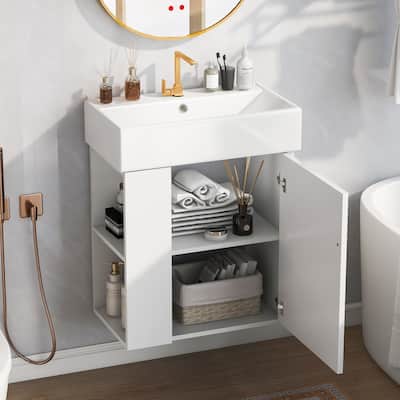 21.6inch Modern Floating Bathroom Vanity with Ceramic Basin for Small Bathrooms, Right/Left Side Storage