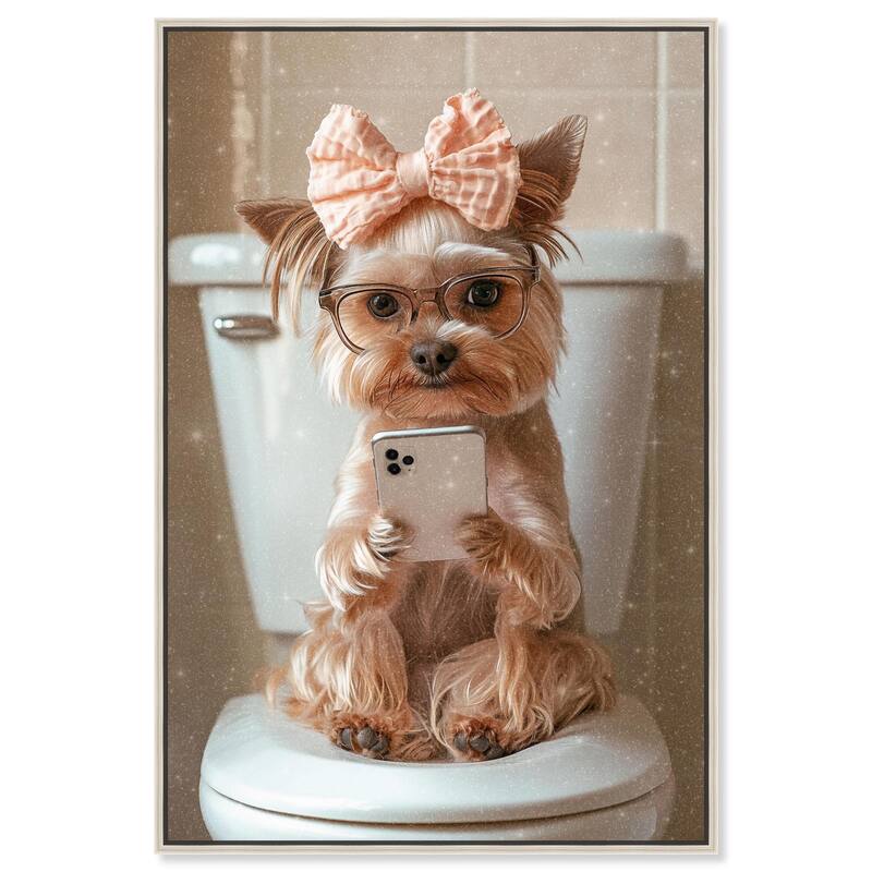 Cute Yorkie on the Toilet Canvas by Art Remedy - Silver - 20" x 30"