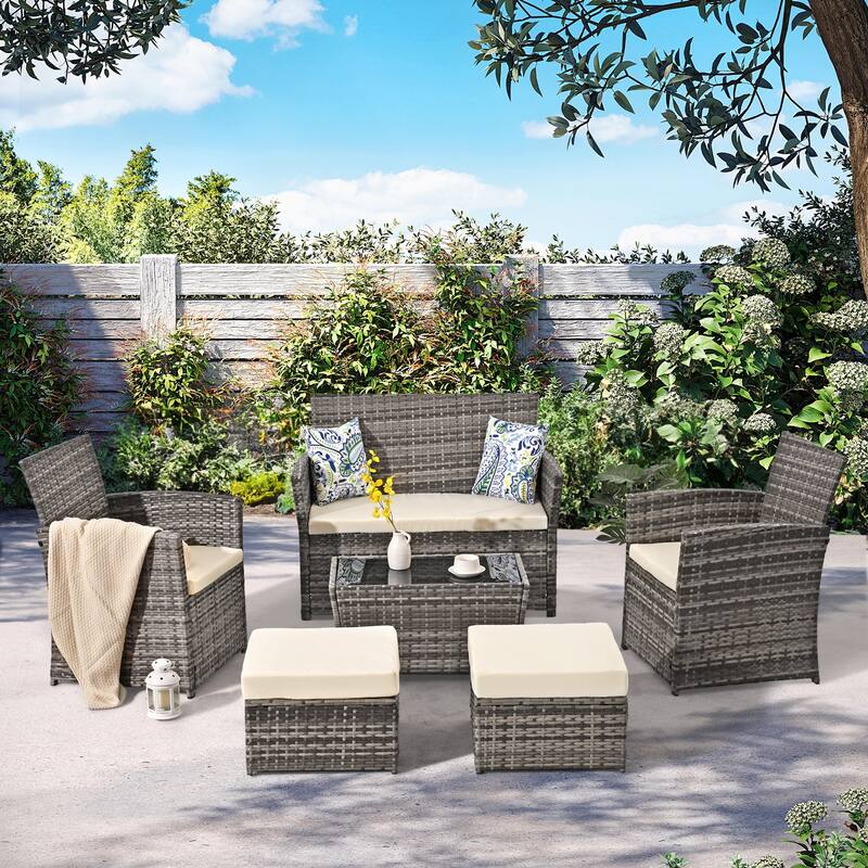 6-Piece Wicker Outdoor Sofa Set, 1 Loveseats, 2 Chairs, 2 Ottomans and 1 Table