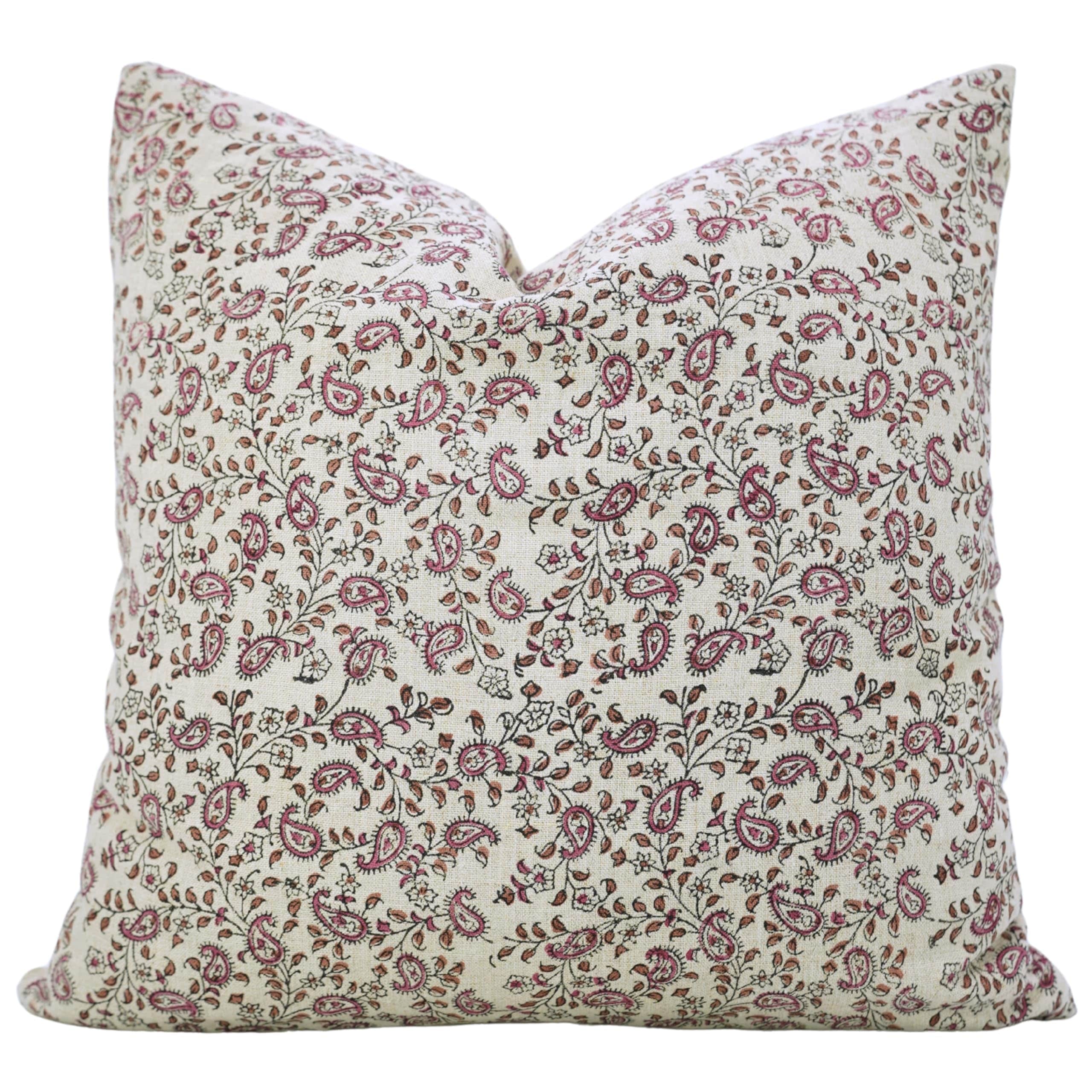 Fabdivine Paisley Pure Linen Block Print Pillow Cover Bed Bedroom Accent Pink, Kerijaal
