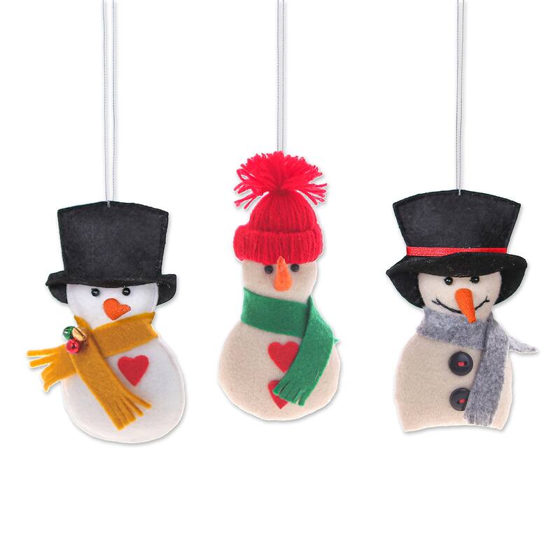 Novica Handmade Snowy Gentlemen Felt Ornaments (Set Of 3)