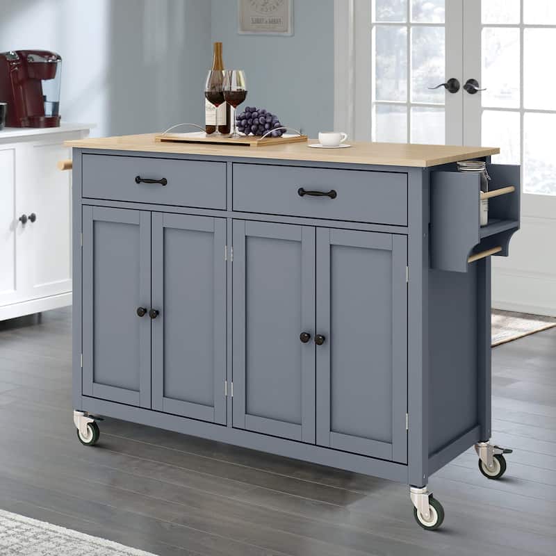 Classic Wooden Kitchen Island Cart with 2 Drawers, 2 Cabinets, a Towel Rack and a Spice Rack - Grey Blue