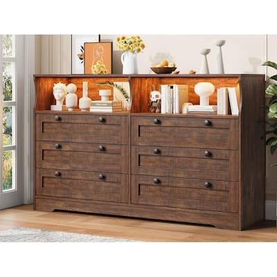 6 Drawer Dresser with RGB LED Lights, Power Outlet & 2 Open Shelves