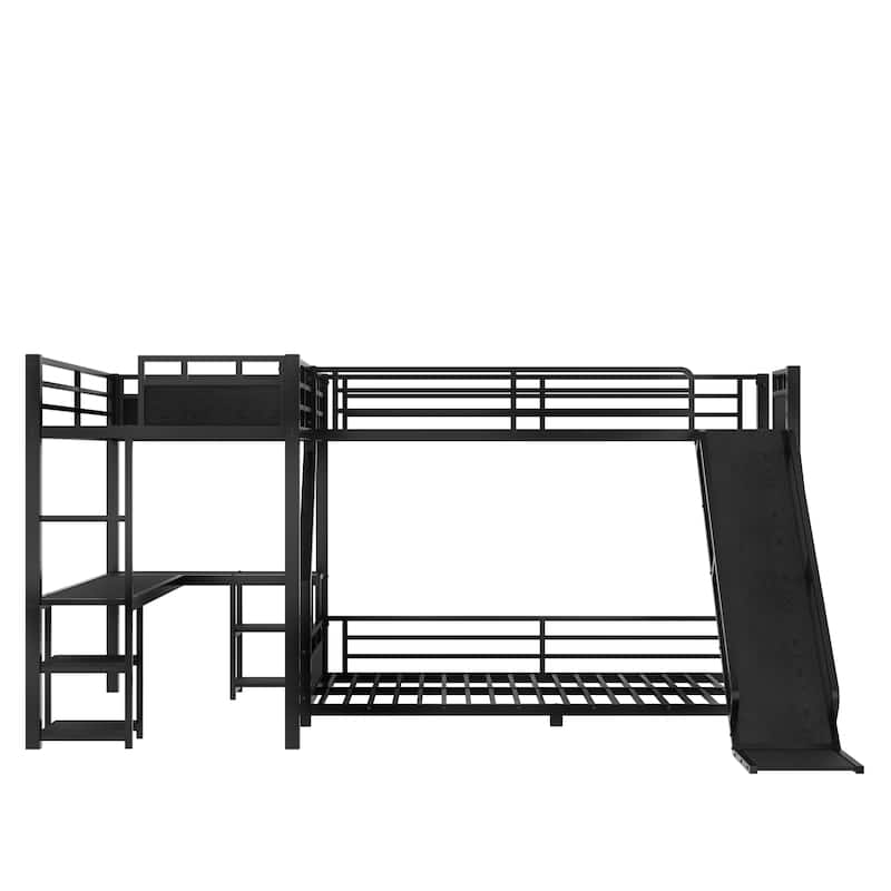 L-shaped Triple Bunk Bed with Loft Bed and Bunk Bed, Metal Storage Bed Frame with Integrated Desk, Open Shelves and Slide