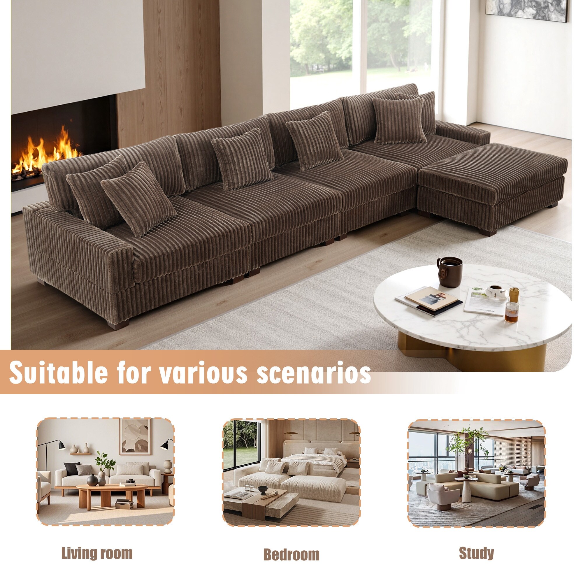 Modular Cotton Flannel Plush Sectional Sofa with Ottomans - On