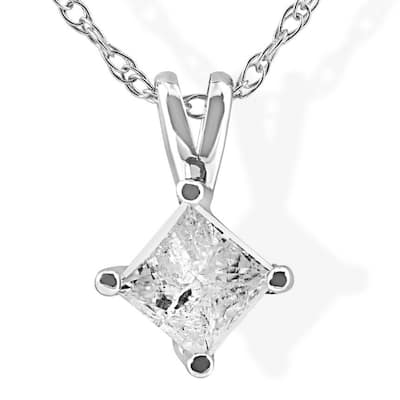1/3Ct Princess Cut Solitaire Diamond White Gold Pendant & Chain