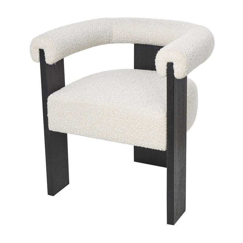 Cream Polyester Curved Back Mid Century Modern Round Boucle Living Room Accent Chair with Brown, Light Brown or Black Wood Frame