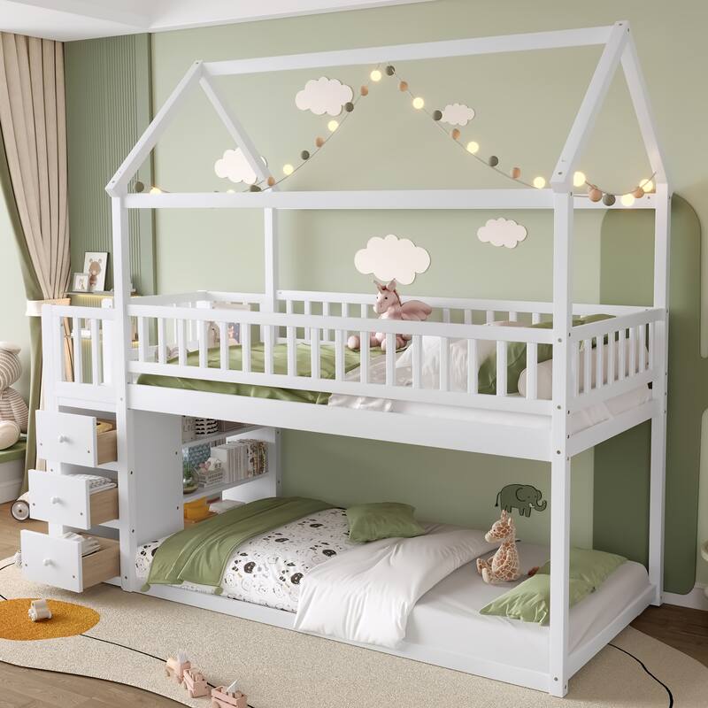 Twin over Twin House Shaped Bunk Bed, Solid Pine Wood Floor Bunk Bed Frame with Shelves and 3 Drawers, No Box Spring Needed