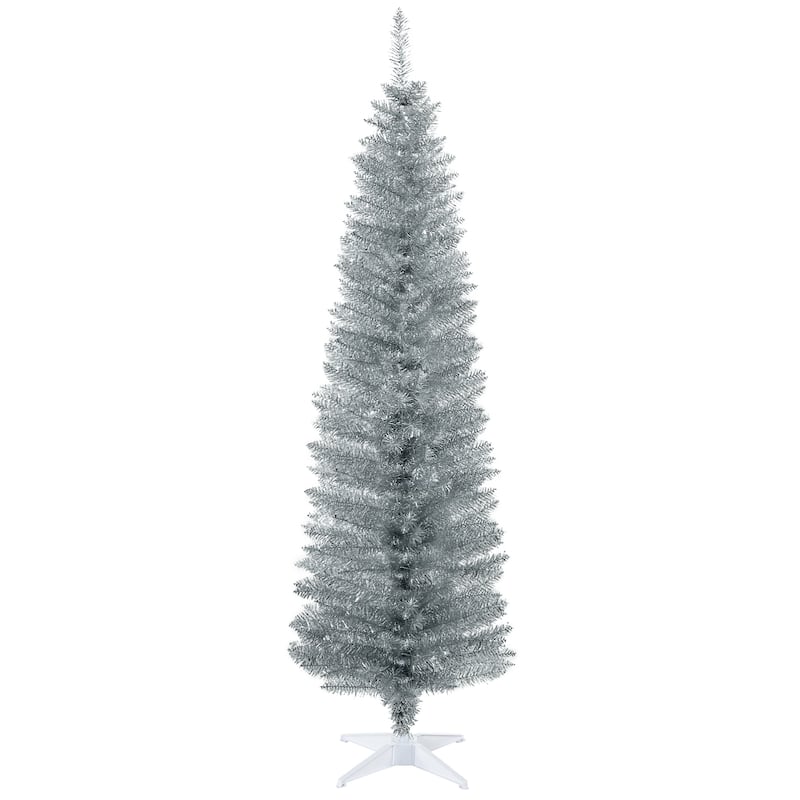 HOMCOM 6-foot Slim Hinged Noble Fir Pencil Christmas Tree with Stand - 5.89 ft - 6 Foot - silver