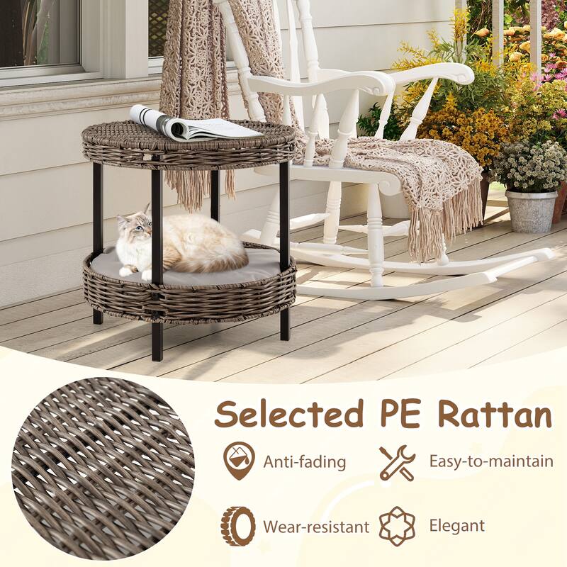 2-Layer Grey Rattan Cat Bed, Indoor Outdoor Pet Nest with Comfortable Washable Cushion - 15" x 15"