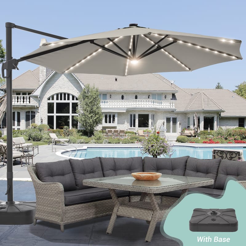 LIVOOSUN 11Ft Aluminum LED Patio Cantilever Offset Umbrella With Base - Grey
