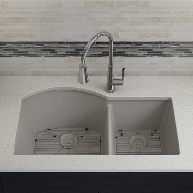 Lexicon Platinum Quartz 32 Inch 70/30 Double Bowl Kitchen Sink with Bottom Grids and Strainers and Disposal Flange