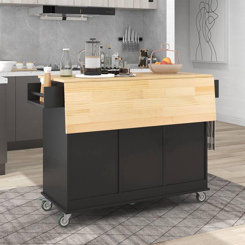 Rolling Mobile Kitchen Island with Drop Leaf - Solid Wood Top