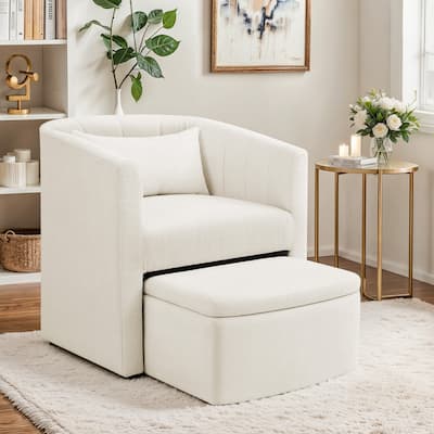 Upholstered Chenille Barrel Accent Chair With Storage Ottoman,Modern Barrel Arm Chair,Reading Chair With Ottoman For Living Room