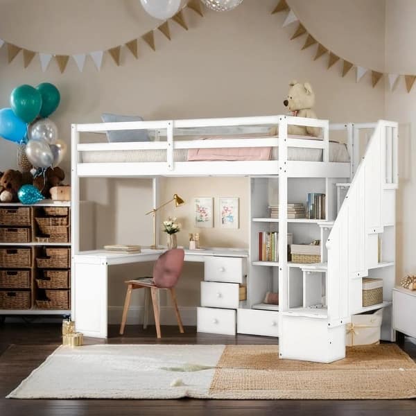slide 2 of 18, Twin Size Loft Bed with Desk and Drawers, Cabinet and Staircase, White White