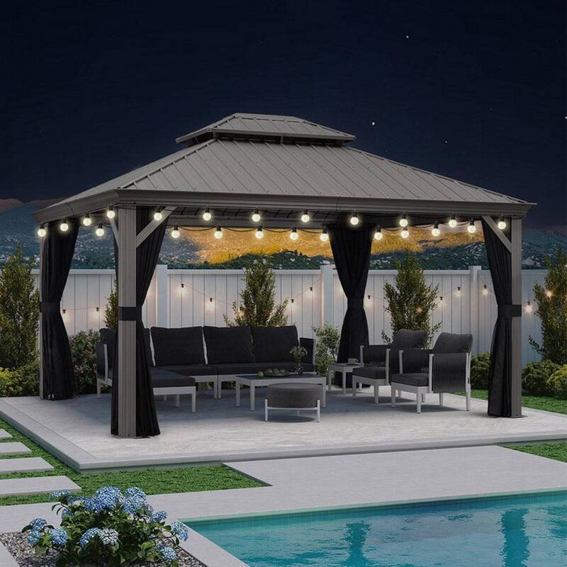 PURPLE LEAF Patio Gazebo for Backyard Hardtop Galvanized Steel Frame with Upgrade Curtain - Light Grey