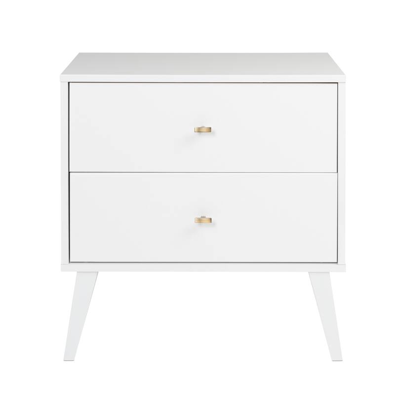 Prepac Milo Mid-Century Modern 2 Drawer Nightstand, Bedside Table, Contemporary Bedroom Furniture - White