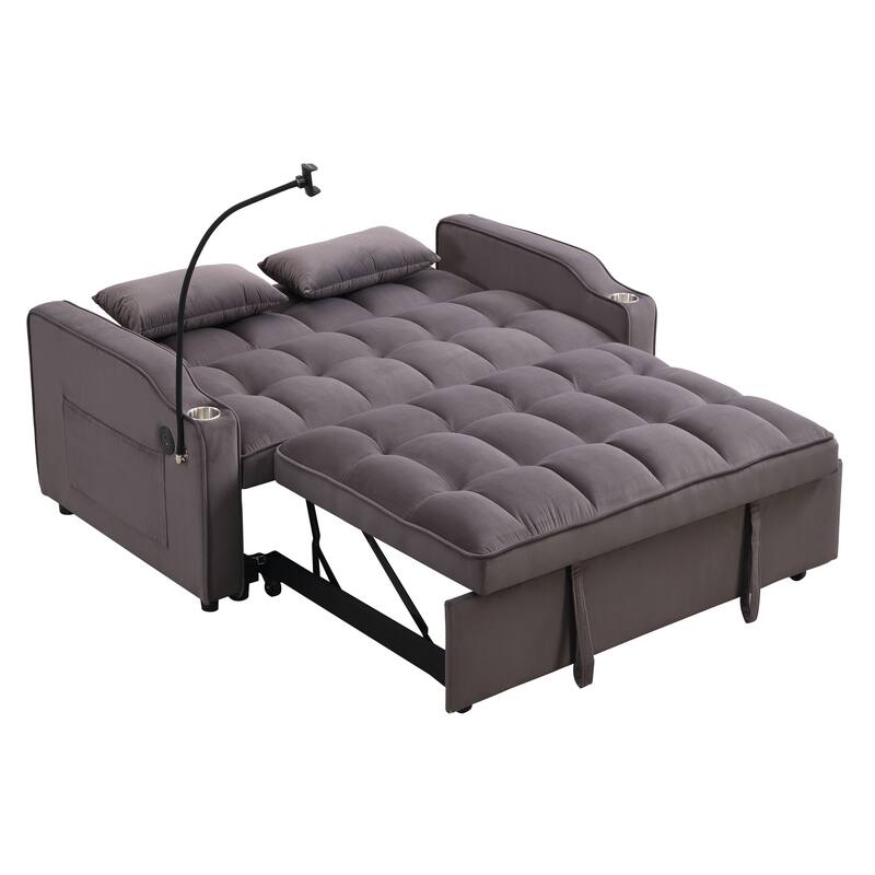 Pull-Out Sofa Bed with Phone Holder, Foldable Sleeper Sofa Bed with Two Pillows, Loveseat Sofa with Cup Holder
