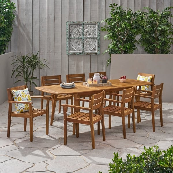 slide 2 of 22, Stamford Acacia Wood Outdoor 9-piece Expandable Dining Set by Christopher Knight Home Teak
