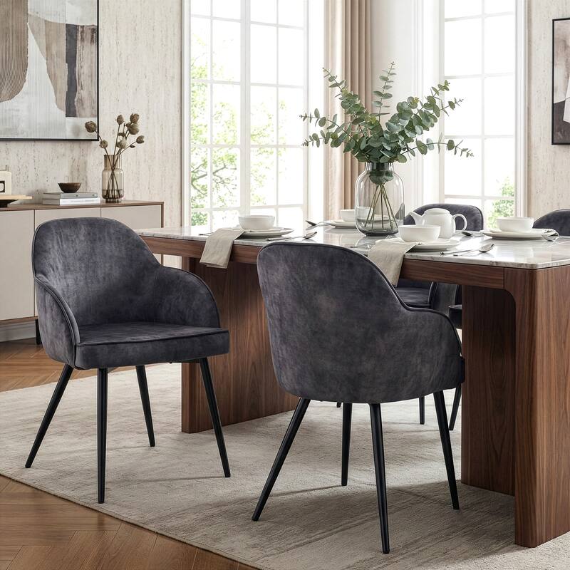 Set of 2 Batia Gray Velvet Fabric Dining Chairs with Black Iron Legs