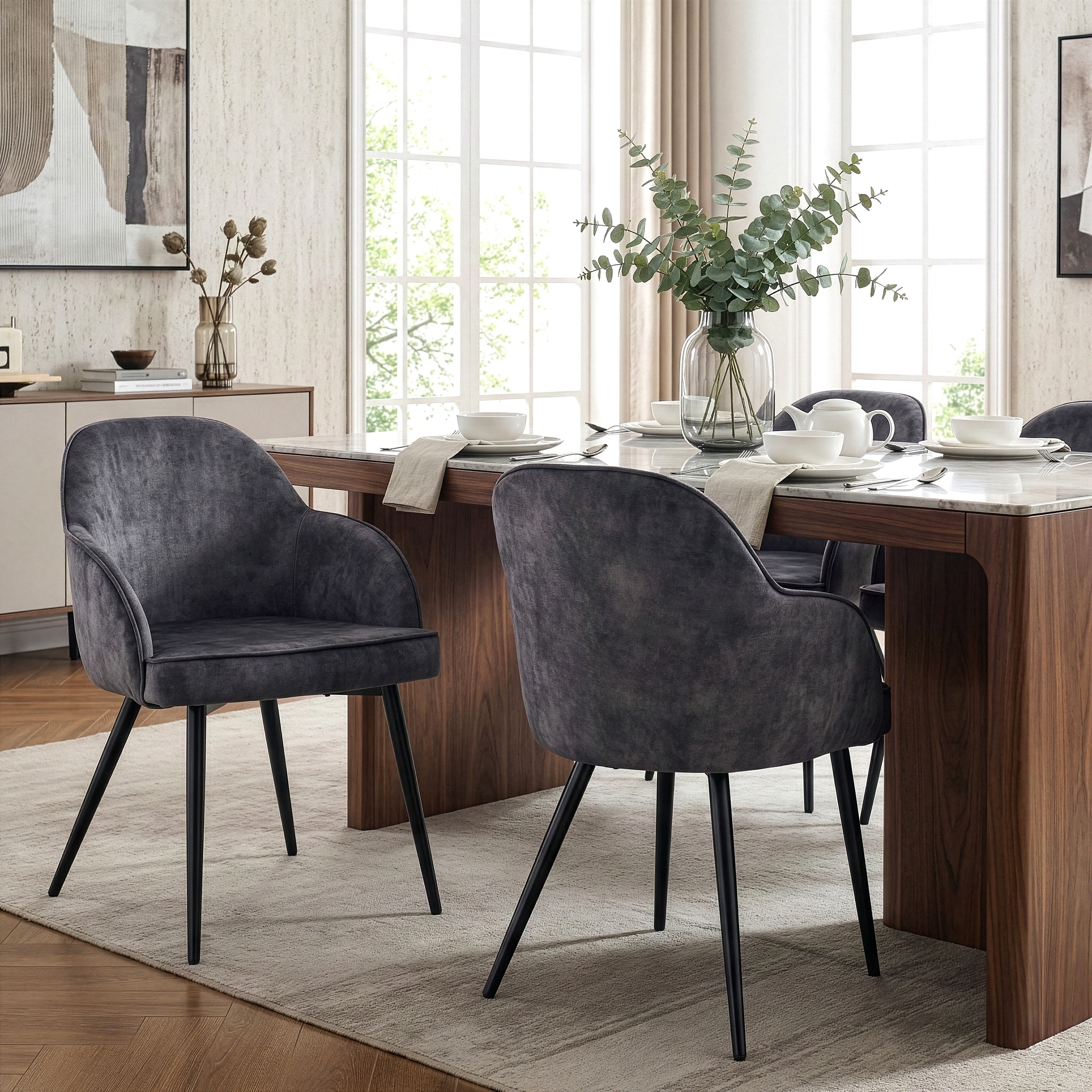 Batia Gray Velvet Fabric Dining Chairs with Black Iron Legs (Set of 2)