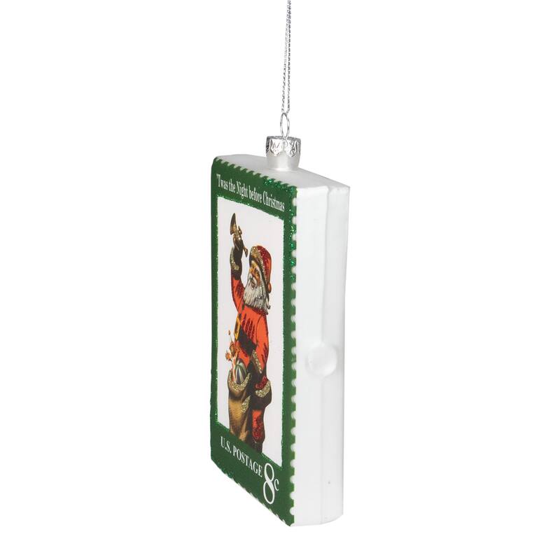 3.5" Green USPS Santa Stamp "Twas The Night Before Christmas" Glass Christmas Ornament