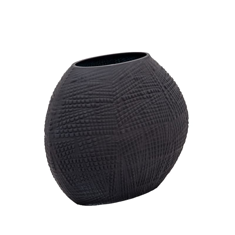 Glass Round Textured Modern Flower Vase - Black, 8"