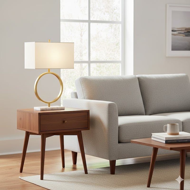 1-Light L17" White Boxed Shade Table Lamp with a Gold "O" Frame and a White Marble Base