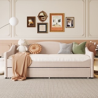 Teddy Fleece Twin Size Upholstered Daybed with Pull-out Trundle Bed and LED Light, Sofa Bed Frame for Bedroom Apartment