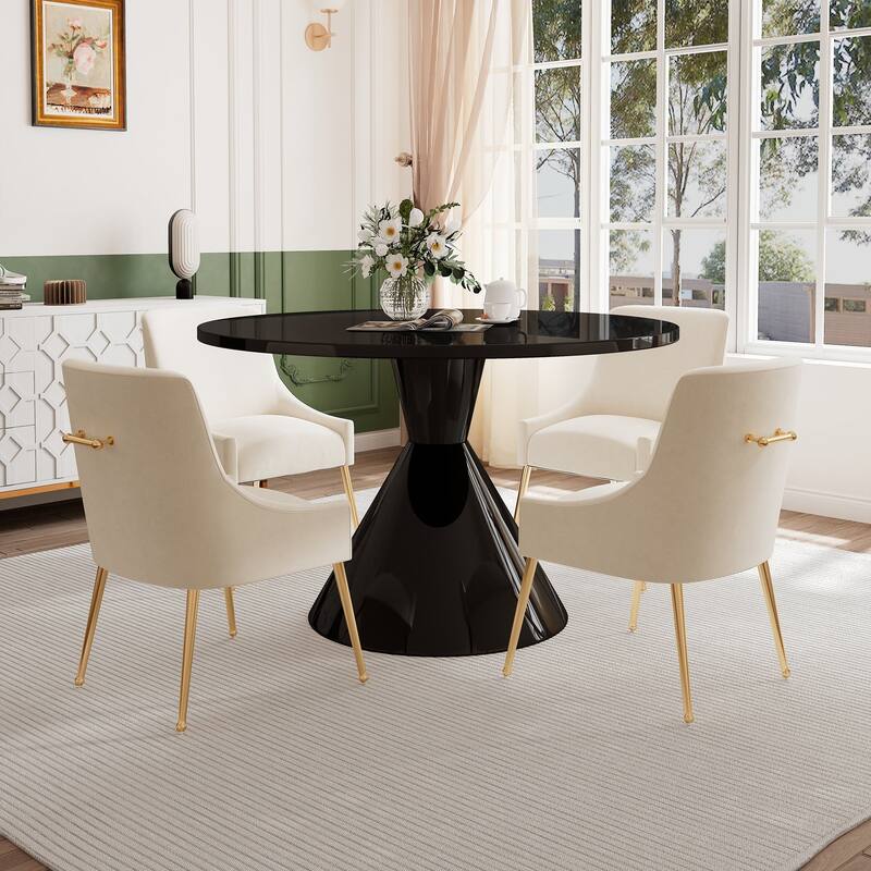48" Light Luxury White High Gloss Large Countertop Dining Table with Velvet Dining Chair Set