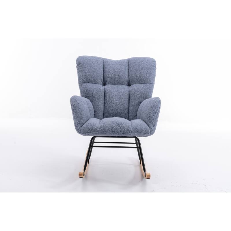 Nursery Chair Light Blue Teddy Cushioned Rocking Chair Fabric Rocking Glider Armrest Rocking Chair with Rocking Legs