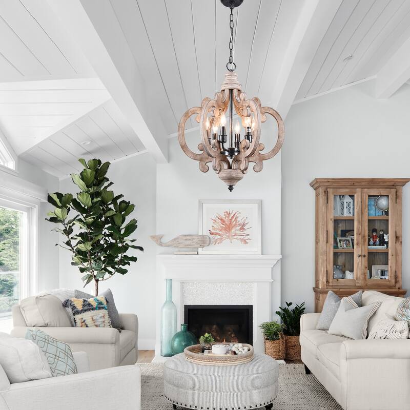CurveCurio Retro 6-Light Rustic Wood Pendant Light Farmhouse Style Chandelier for Dining Room Living Room and Foyer