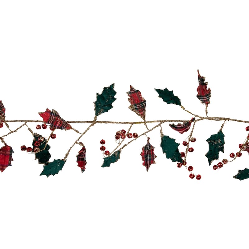 5' Green and Red Plaid Holly With Jingle Bells Christmas Garland Unlit