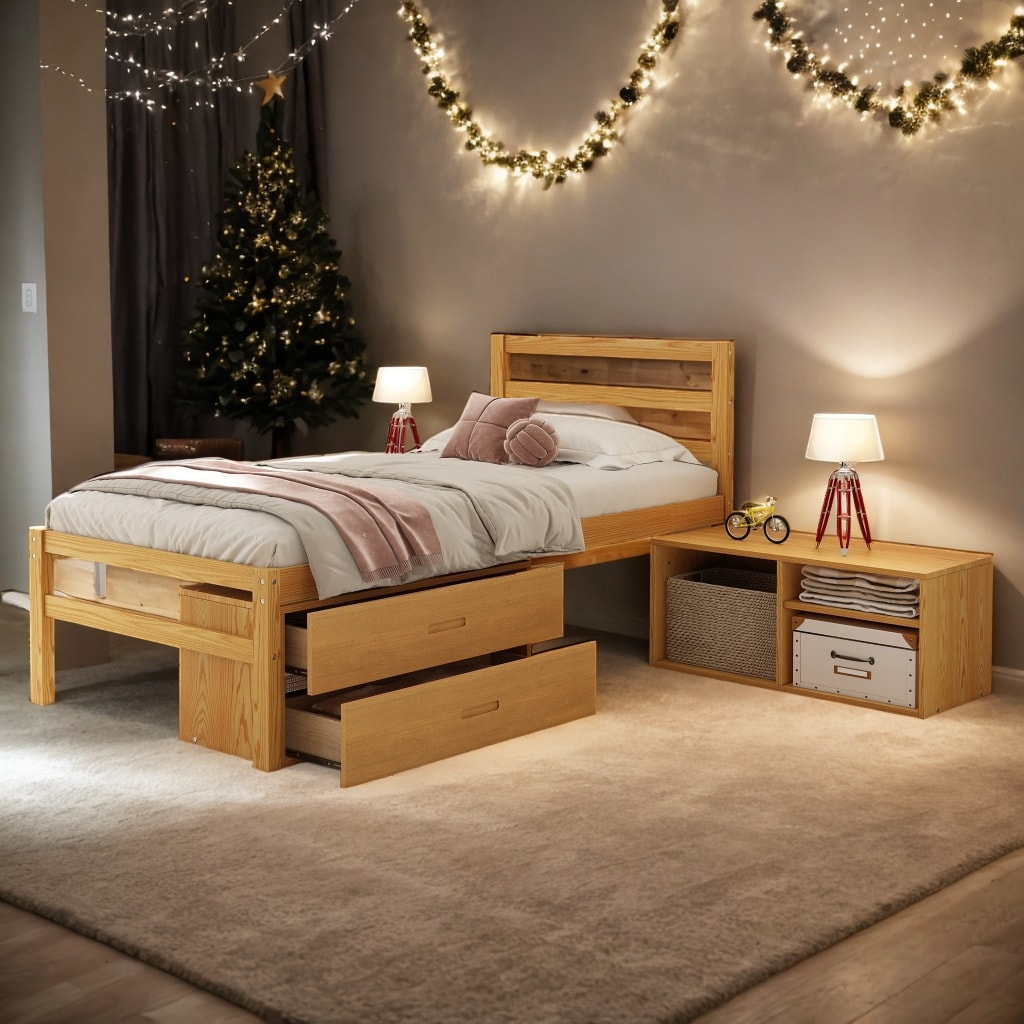 Natural Twin Size Wood Platform Bed with Storage Shelves and 2 Under bed Storage Drawers for Added Convenience