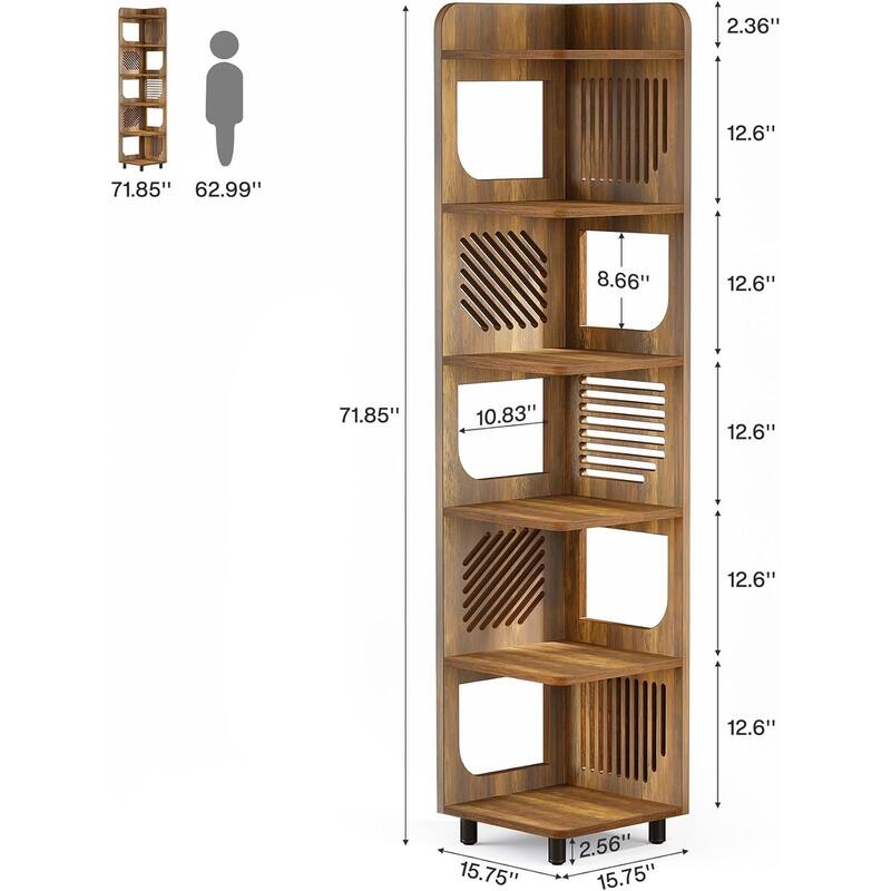 6 Tiers Farmhouse Wood Tall Narrow Corner Shelf with Hollow Design - 15.8" W x 15.8" D x 71.9" H